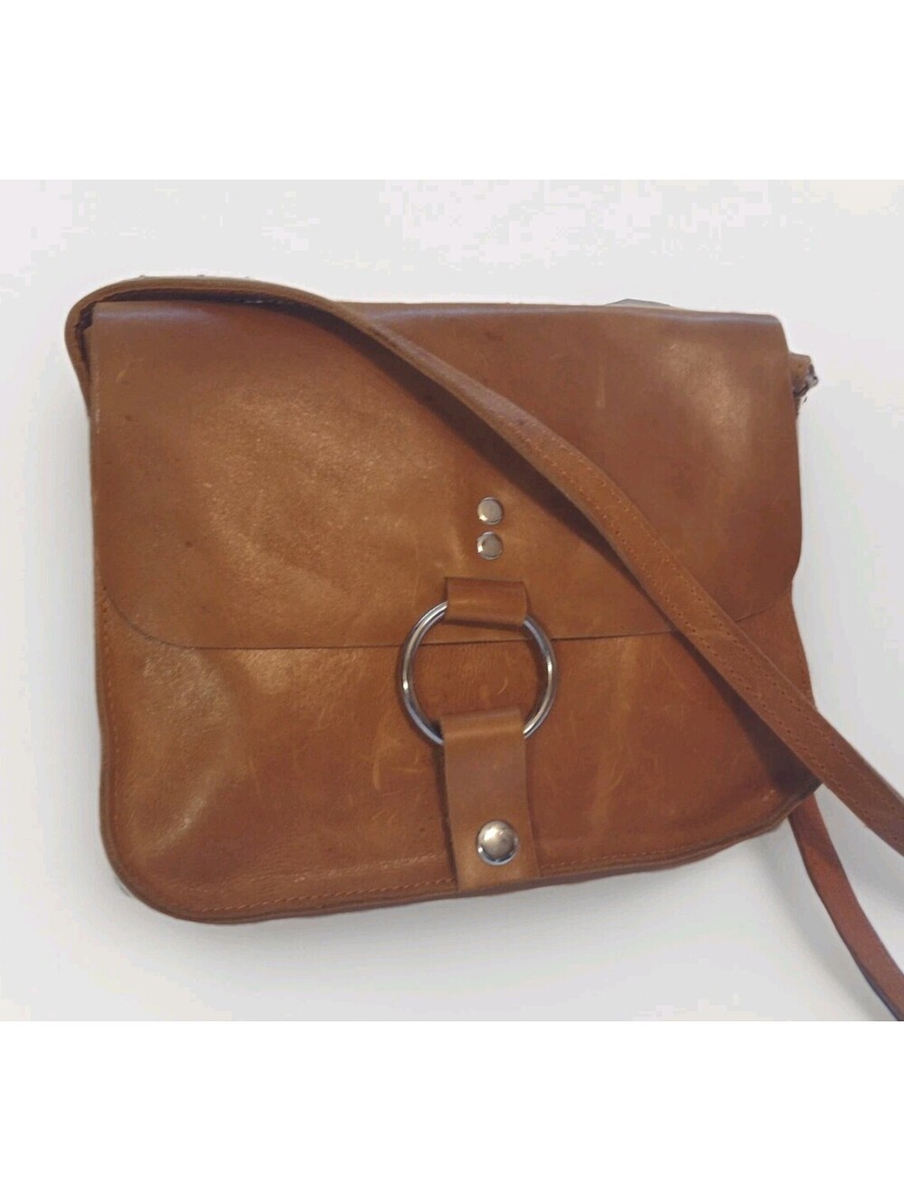 Boho Cognac Leather Crossbody Bag Artisan O Ring Shoulder Purse Rustic